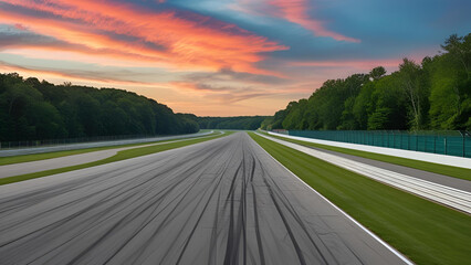 A vacant racecourse bordered by vibrant green forests, with the sun setting in the background