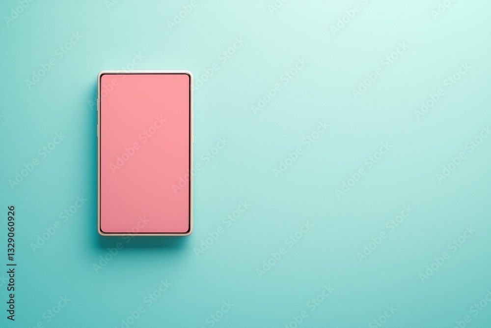 Fototapete stylish pink screen tablet computer on a turquoise background, minimalistic design and layout, top v