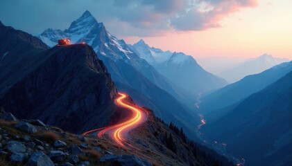 Modern EV ascends steep mountain pass; dramatic view , summer sky, travel, winding road