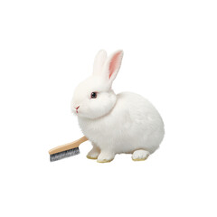 fluffy white rabbit with brush beside it