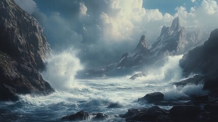 Dramatic coastal landscape with crashing waves and majestic mountains under a cloudy sky.