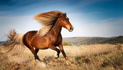Obraz premium A messy-haired horse with its mane flowing in the wind, galloping freely across an open field, embodying freedom and grace as its hooves stir up the earth beneath the vast sky. 