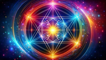 Fototapeta premium A mesmerizing infinite loop of sacred geometry pulsating with vibrant chakra energy, reflecting balance and harmony, with each geometric shape flowing into the next, embodying spiritual connection. 