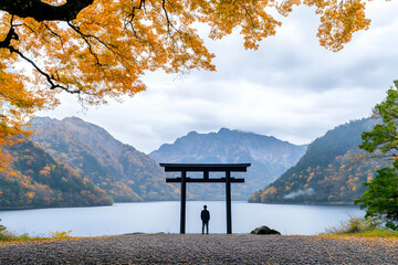 Solitary figure at autumnal lake with torii gate and mountains