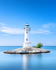 Solitary white lighthouse on a small rocky island in calm, blue sea under a clear sky