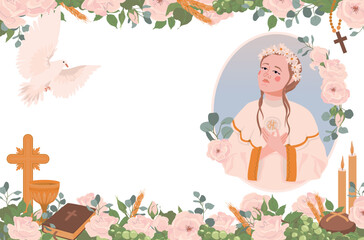 Invitation to the First Communion. Praying Catholic girl. Vector church attributes. Grail, church bread, wine, Bible, rosary, crucifix, candles, flowers, white dove. Symbols of the Christian faith.