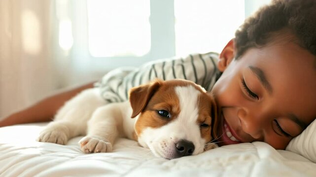 A little boy tenderly hugs her puppy and lies on the bed in a bright bedroom in the morning. Friendship concept between child and pet, copy space for text
