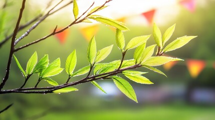 Dew-covered willow branch with green leaves, traditional Qingming kites in background, symbolizing renewal and tradition.