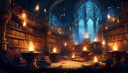 Obraz premium A medieval candlelit library, filled with floating books surrounded by glowing magical energy crackling in the air, creating an atmosphere of ancient knowledge and mysticism. 