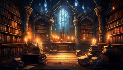Obraz premium A medieval candlelit library, filled with floating books surrounded by glowing magical energy crackling in the air, creating an atmosphere of ancient knowledge and mysticism. 