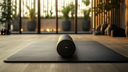 A smart fitness mat, yoga studio with mat tracking movement and providing real-time feedback, Health-tech style