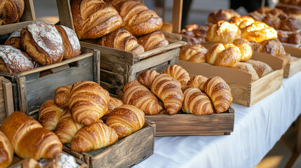 Freshly baked croissants and bread displayed at a market stall