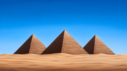 Three pyramids stand majestically against a vibrant blue sky, set amidst rolling desert sands