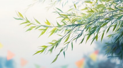 Dew-covered willow branch with green leaves, traditional Qingming kites in background, symbolizing renewal and tradition.