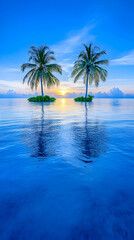 Twin palm trees on small islands at sunset, reflected in tranquil ocean water