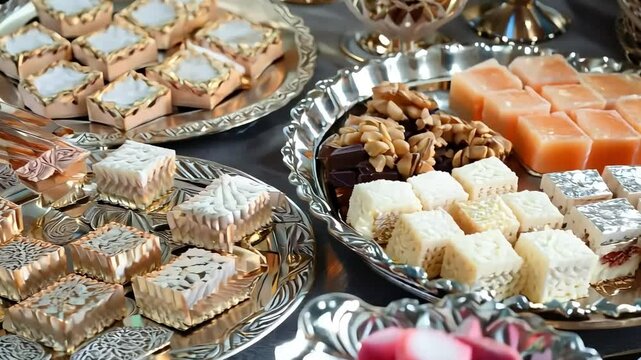 Ramadan food made from assorted middle eastern sweets maamoul, basbousa, awameh. Concept of celebration traditional arabic Eid al Adha, Eid al Fitr 
