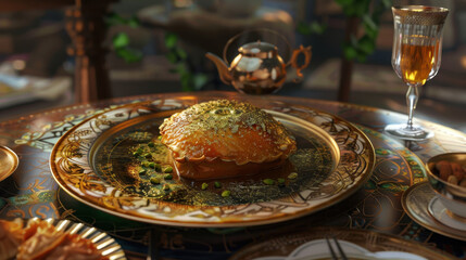 Fototapeta premium kunefe turkish arabic dessert with pistacchio