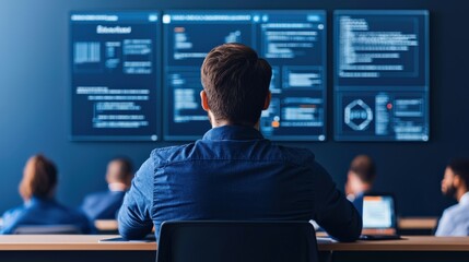 A person sits in front of multiple screens displaying data analysis, engaged in a learning or training environment.