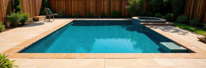 Tan coping surrounds rectangular pool; fenced yard, coping, landscape, backyard