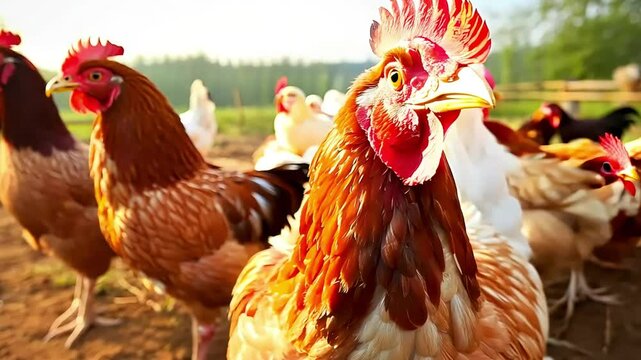 Chickens on a chicken farm grazing outdoors, domestic animal husbandry concept
