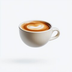 Obraz premium Floating cup of coffee showcases smooth latte art and minimalist