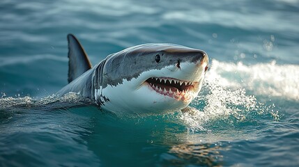 Fototapeta premium A great white shark, jaws open, breaches the calm blue water, its powerful teeth evoking awe and thrilling danger in the vast ocean.