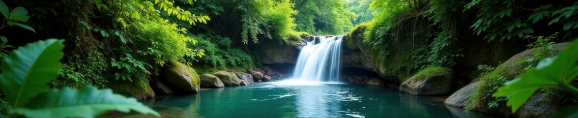 Fototapeta premium Tranquil waterfall cascades through lush, vibrant foliage , exotic, waterfall, vacation