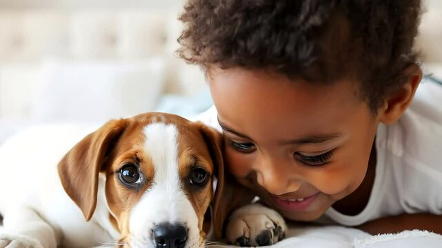 A little boy tenderly hugs her puppy and lies on the bed in a bright bedroom in the morning. Friendship concept between child and pet, copy space for text
