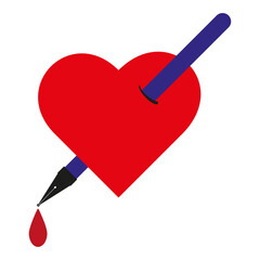 Pen through heart. Red heart wound. Vector love pain. Ink drop detail.