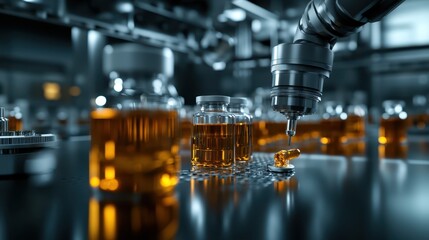 A robotic arm skillfully dispensing liquid into capsules within a lab environment, exemplifying the intersection of technology and medicine in contemporary healthcare.