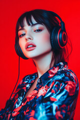 Fashionable Woman Listening to Music with Headphones Under Red Neon Studio Light