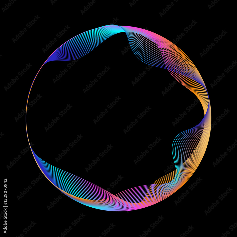 Poster Neon iridescent blend line circle frame. Bright spinning circular border. Abstract rainbow color circle with colorful waves isolated on black background with copy space.