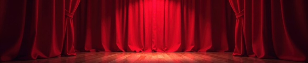 Fototapeta premium Velvet red curtain, single spotlight illuminates center stage, play, mystery