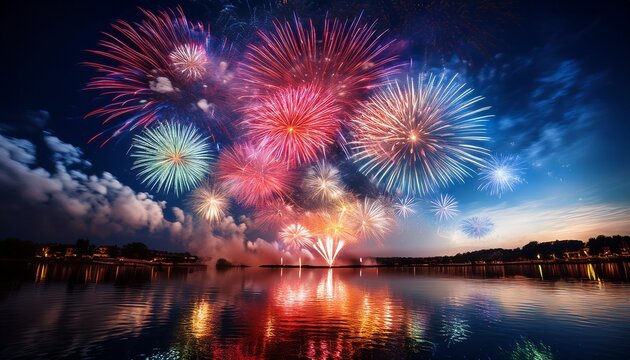 A magnificent burst of fireworks lighting up a dark night sky, casting vibrant reflections on the water below, with sparkling trails illuminating the surroundings.
