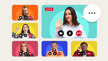 Virtual leadership communication. Woman engaging with diverse professionals in live online discussion, presenting strategies, motivating team. Concept of networking, corporate culture, pitch deck