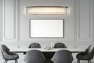 Modern crystal chandelier above dining table in minimalist room.