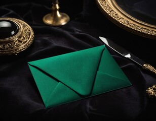 Elegant green envelope on a dark velvet surface with vintage decor, creating a mysterious and luxurious ambiance.