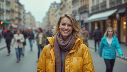 Woman smiling in yellow coat on busy city street