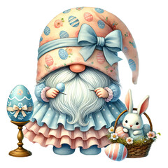 Easter gnome with eggs and rabbit isolated 