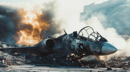 A fighter jet lies half-buried in a crater, surrounded by billowing smoke and flames. Signs of destruction are evident in the aftermath of a recent aerial conflict.