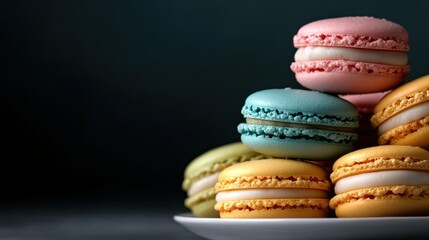 A stunning display of vibrant macarons arranged beautifully on a plate, showcasing an array of colors that excite the senses and invite indulgence for sweet lovers.