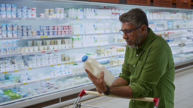 Side view shot of adult Indian man choosing dairy products in supermarket and reading label on milk bottle, copy space