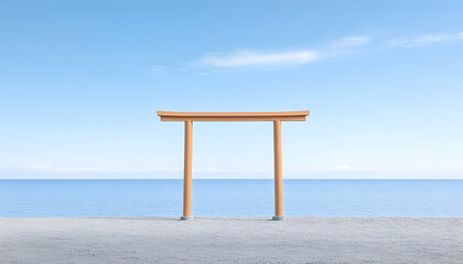 Wooden gate stands on sandy beach under clear blue sky and calm ocean