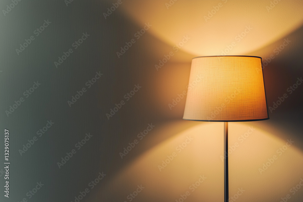 Poster minimalistic room features single lamp casting warm light on clean textures, creating serene atmosphere
