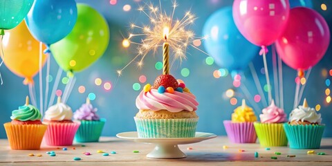 A colorful birthday cake with a single candle and sparkler on top, surrounded by decorative cupcakes and balloons