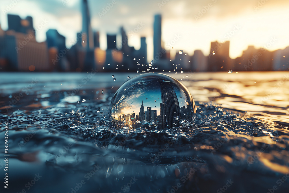 Poster close up of liquid sphere reflecting bustling city skyline at sunset, creating mesmerizing visual ef