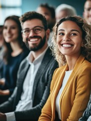 Two young adults in business attire smiling and looking towards the camera during a professional conference.
