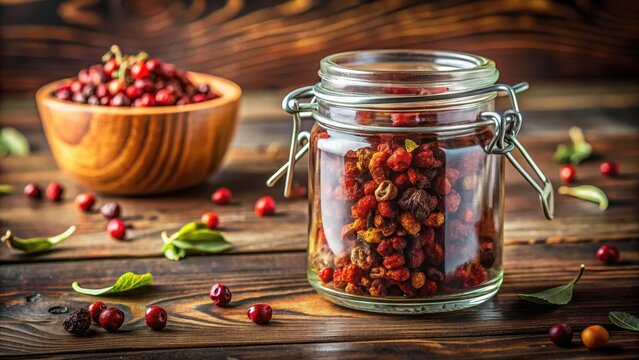 Dried schizandra berries in a glass jar with herbs and spices, chinese herbology