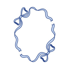 Frame of coquette pretty charming blue bows and ribbons. Hand drawn holiday oval border. Vintage whimsical background for greeting cards, wedding, invitations, social media