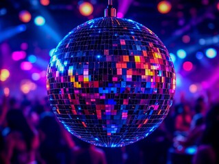 Obraz premium Glittering Disco Ball Reflecting Colorful Lights in a Party Scene